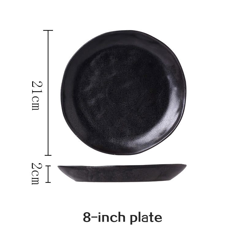 Petite assiette japonaise Kobo ronde noire, vues de dessus et de profil avec schéma des dimensions