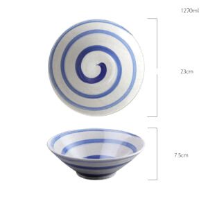 Bol à ramen bleu clair à spirale, vu de dessus et de profil, avec schéma des dimensions