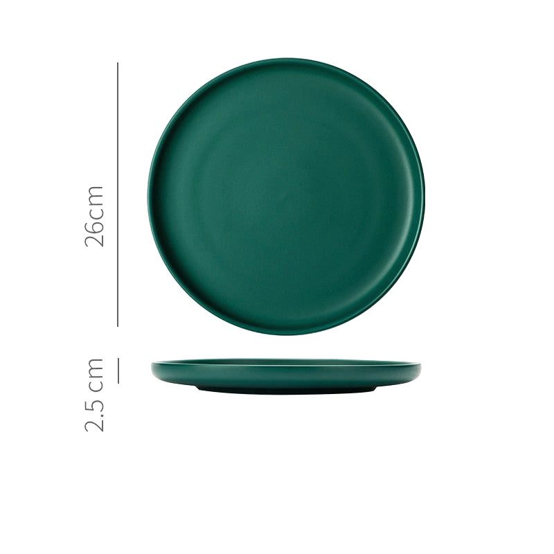 Grande assiette japonaise Okawa vert forêt, vues de dessus et de profil avec schéma des dimensions