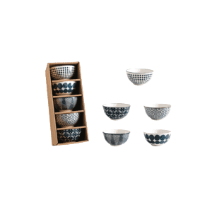 Coffret de cinq bols à riz Shogo à motifs bleus, bols sortis à côté