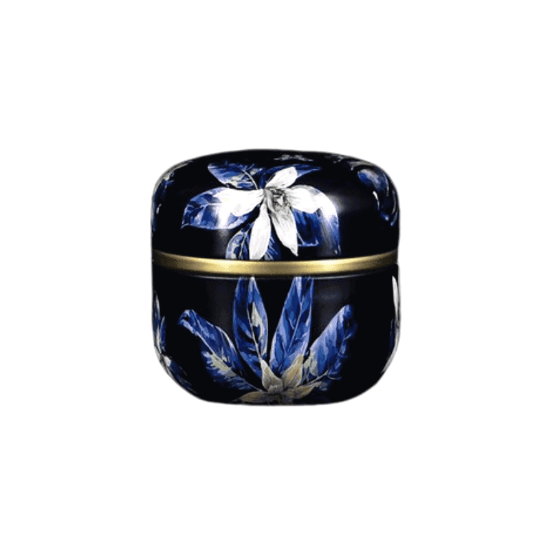 Boîte à thé Soma bleu nuit à grandes feuilles bleues, de face