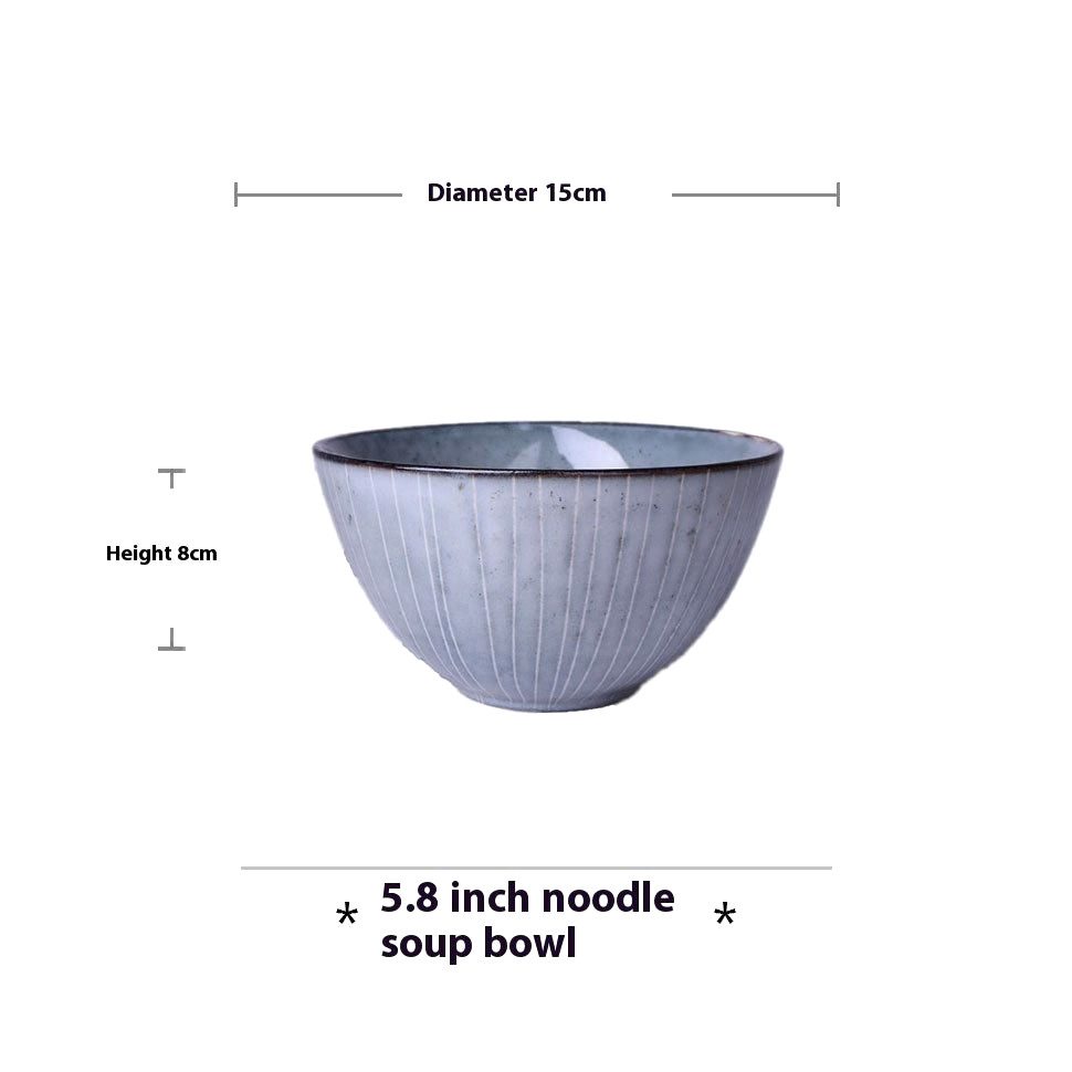 Bol à nouilles Sora gris bleu strié avec schéma des dimensions