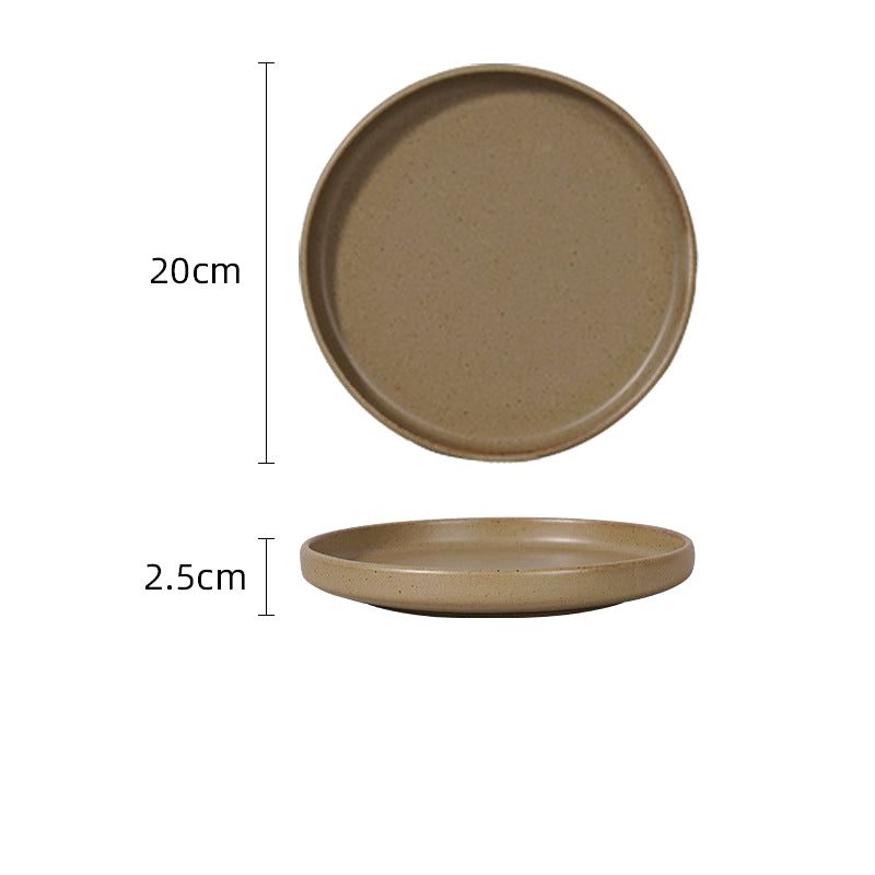Petite assiette japonaise Kuba beige taupe, vues de dessus et de profil avec schéma des dimensions