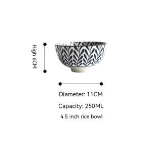 Bol de vaisselle japonaise Nihongo à motif de feuilles bleues avec schéma des dimensions