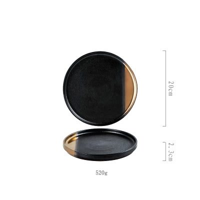 Petite assiette japonaise Yuna noire à bande dorée, vues de dessus et de profil avec schéma des dimensions