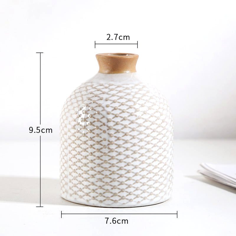 Vase japonais Shizuka blanc arrondi à motif maillé avec schéma des dimensions