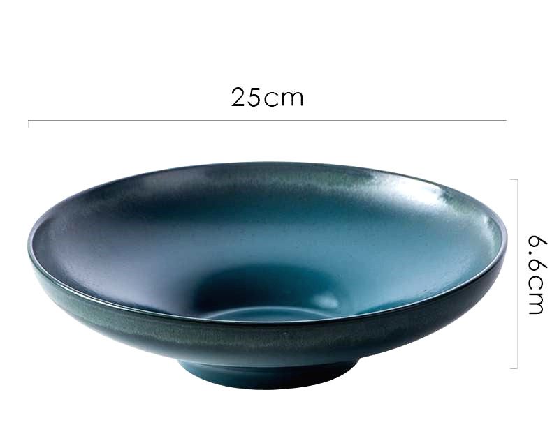 Assiette creuse Seiran cyan de profil, avec schéma des dimensions