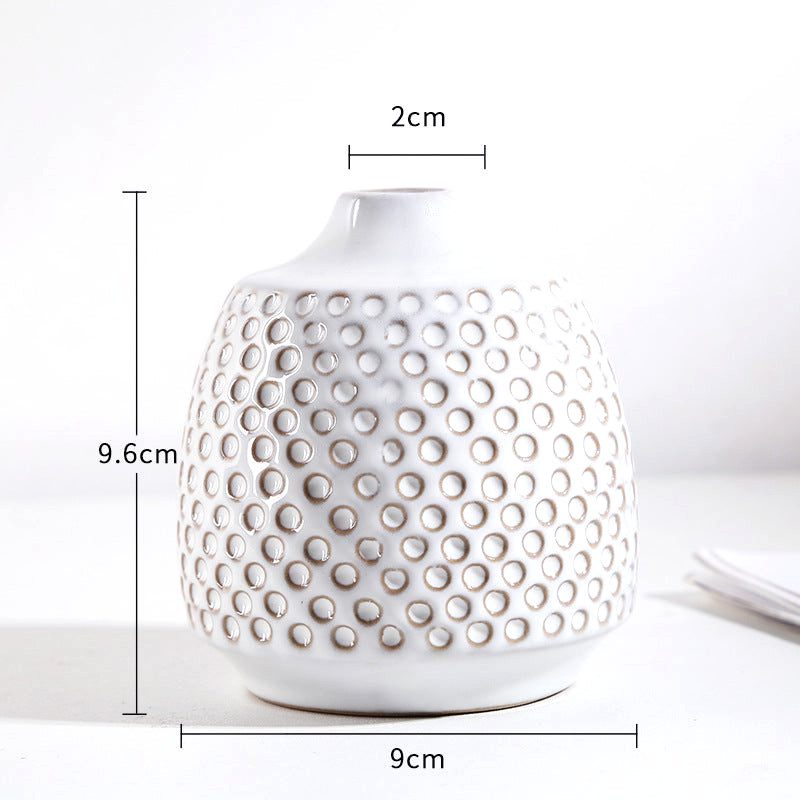 Vase japonais Shizuka blanc arrondi perlé en relief avec schéma des dimensions