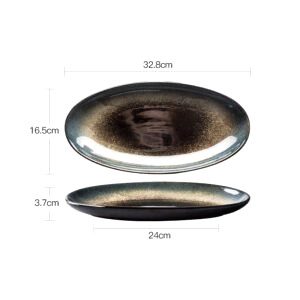 Plat ovale Jigoku noir et bleu fumé, dessus et profil avec schéma des dimensions