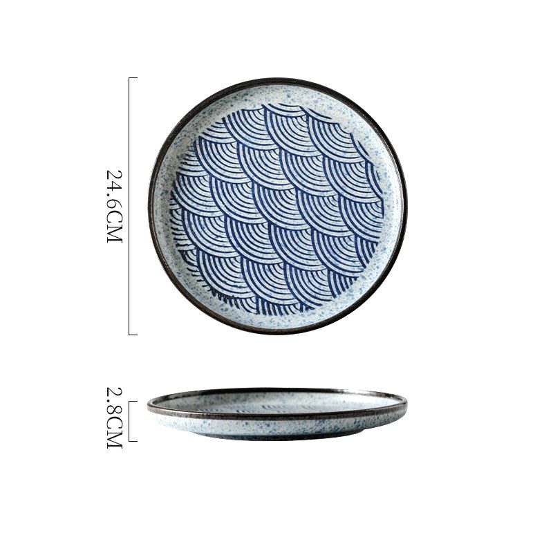 Grande assiette japonaise Seigaiha bleue à motif de vagues, vues de dessus et de profil avec schéma des dimensions