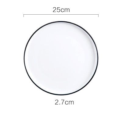 Grande assiette japonaise Okawa blanche à bord noir, vue de dessus avec schéma des dimensions