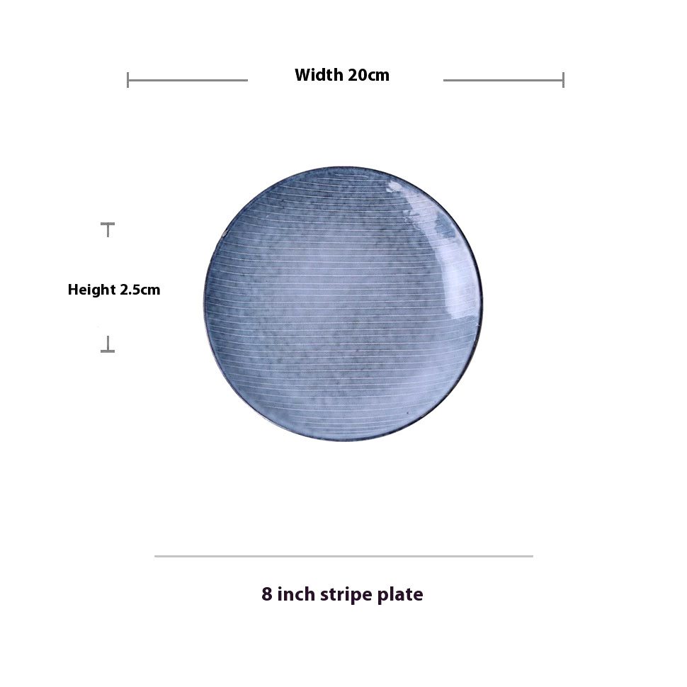 Assiette Sora rayée vue de dessus avec schéma des dimensions