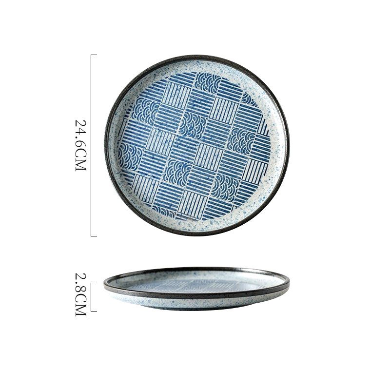 Grande assiette japonaise Seigaiha bleue à motif de nattes, vues de dessus et de profil avec schéma des dimensions