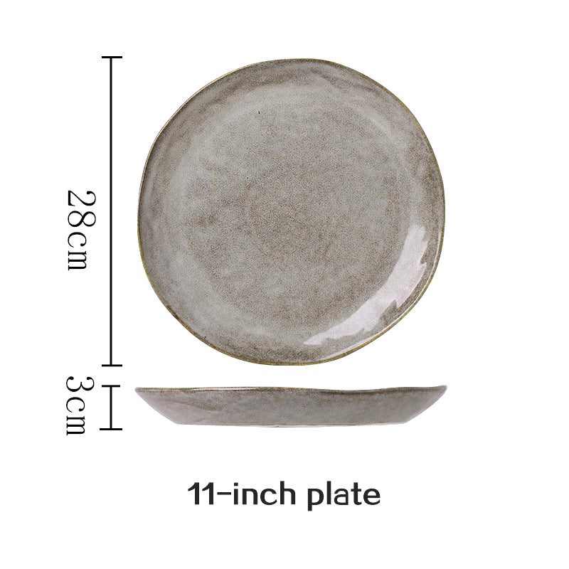 Grande assiette japonaise Kobo ronde grise, vues de dessus et de profil avec schéma des dimensions