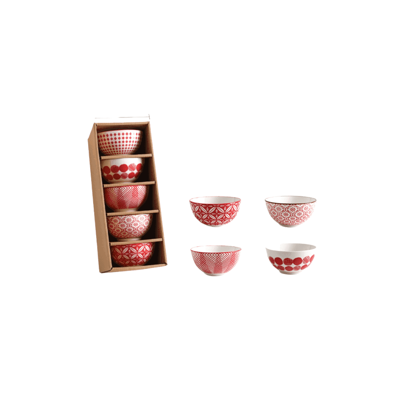 Coffret de cinq bols à riz Shogo à motifs rouges, bols sortis à côté